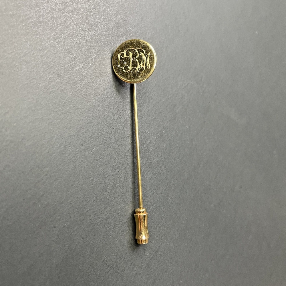 VTG Gold-Tone Stick Pin Round Engraved CBM Lapel Hat Pin 2 1/2"